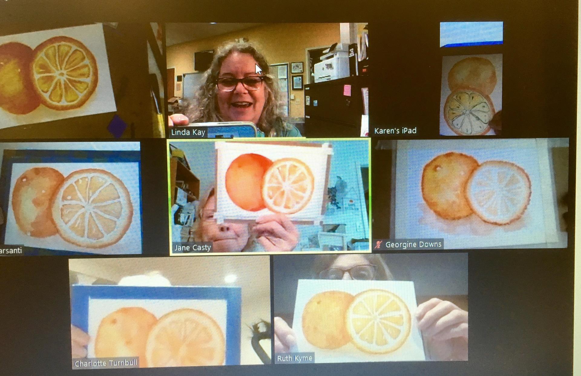 3 Art Instructor Linda Kay facilitates Virtual Watercolor Fruit Orange Class