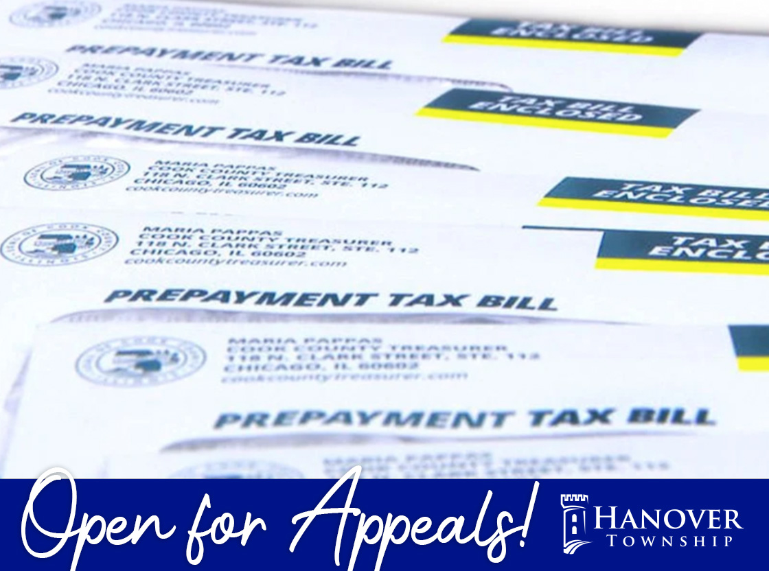 Tax envelopes overlapped with the words Open For appeals underneath on a blue banner with the township logo